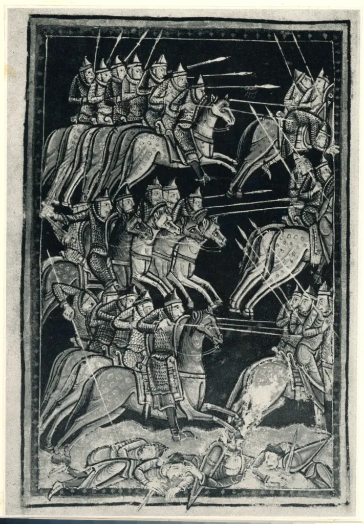 Anonimo sec. XII , Episodio della vita di Sant'Edmondo, Scena di battaglia, Cavalieri