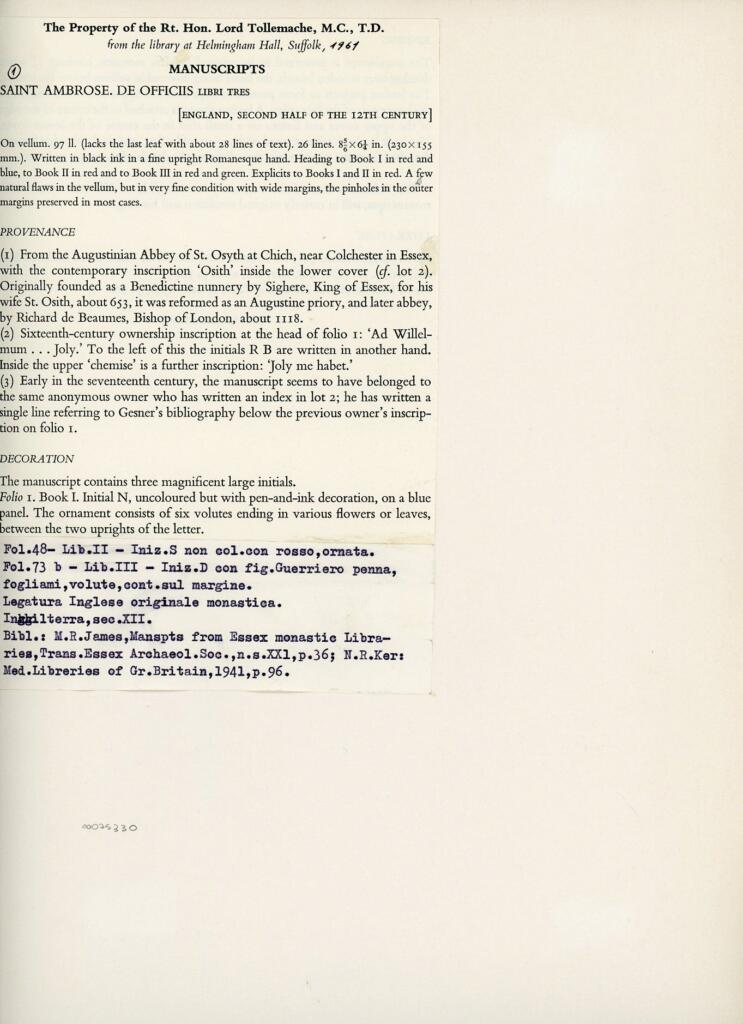 Anonimo , Anonimo - sec. XII, seconda metà - manoscritto di scuola inglese, Sant'Ambrogio, De officiis, incipit libro primo, iniziale N(on) , retro