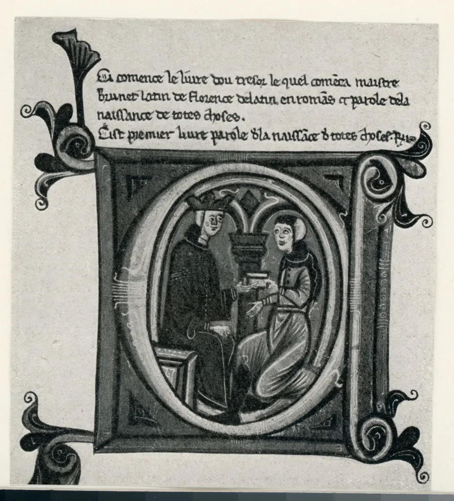 Anonimo sec. XIII , Scena di dedica di un libro, Iniziale abitata, Motivi decorativi fitomorfi