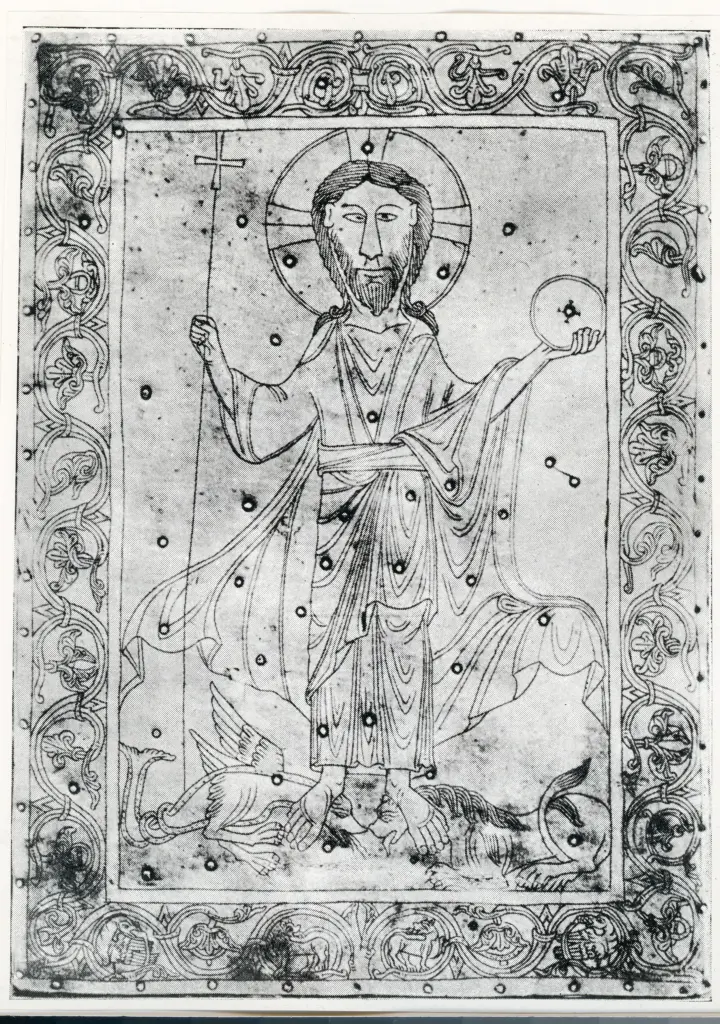 Anonimo sec. XI , Cristo Redentore con sfera, Cornice con motivi decorativi fitomorfi e animali