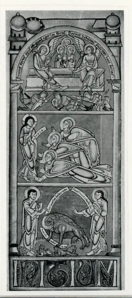 Anonimo sec. XII , Angelo annuncia la Resurrezione alle pie donne, Apparizione di Cristo risorto alle pie donne, Finte architetture