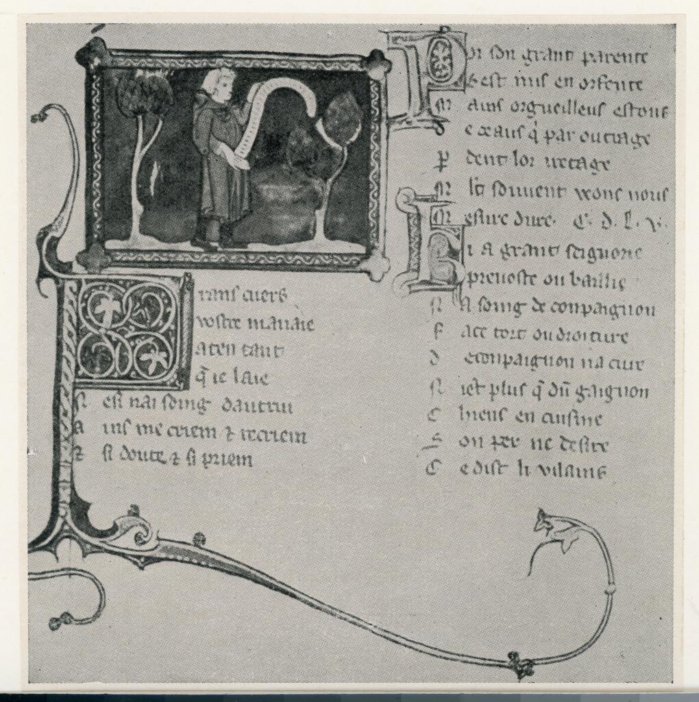 Anonimo , La miniatura iniziale de "Li Proverbe au vilain" nel ms. 3842, c. 273, della Biblioteca dell'Arsenal di Parigi , fronte
