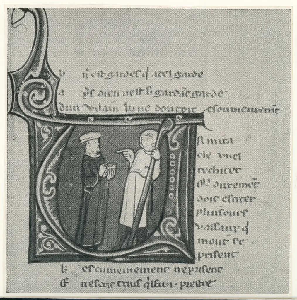Anonimo sec. XIV , Iniziale abitata, Due figure maschili, Figura di contadino, Motivi decorativi fitomorfi
