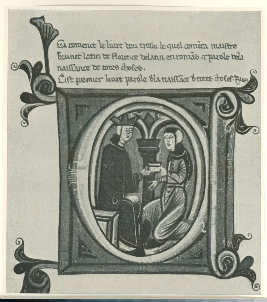 Anonimo sec. XIII , Scena di dedica di un libro, Iniziale abitata, Motivi decorativi fitomorfi