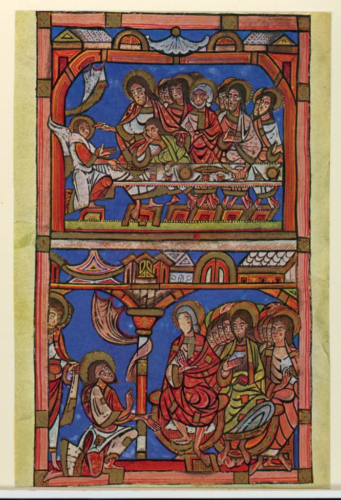 Anonimo sec. XII , Ultima Cena, Lavanda dei piedi, Finte architetture