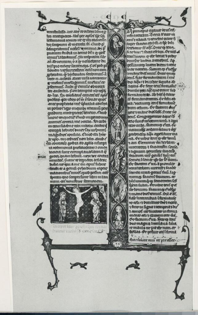Anonimo sec. XIII , Iniziale I, Iniziale istoriata, Storie della Genesi, Motivi decorativi fitomorfi e animali, Cristo crocifisso tra i dolenti