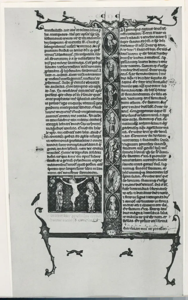 Anonimo sec. XIII , Iniziale I, Iniziale istoriata, Storie della Genesi, Motivi decorativi fitomorfi e animali, Cristo crocifisso tra i dolenti