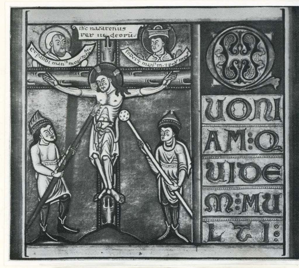 Anonimo sec. XII , Crocifissione di Cristo con i dolenti, Iniziale Q, Iniziale decorata, Motivi decorativi fitomorfi