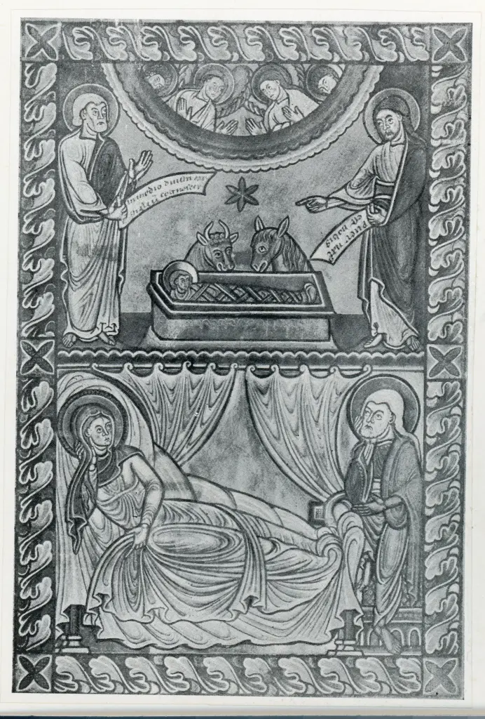 Anonimo sec. XII , Natività di Gesù, Isaia, Abacuc, Cornice con motivi decorativi fitomorfi