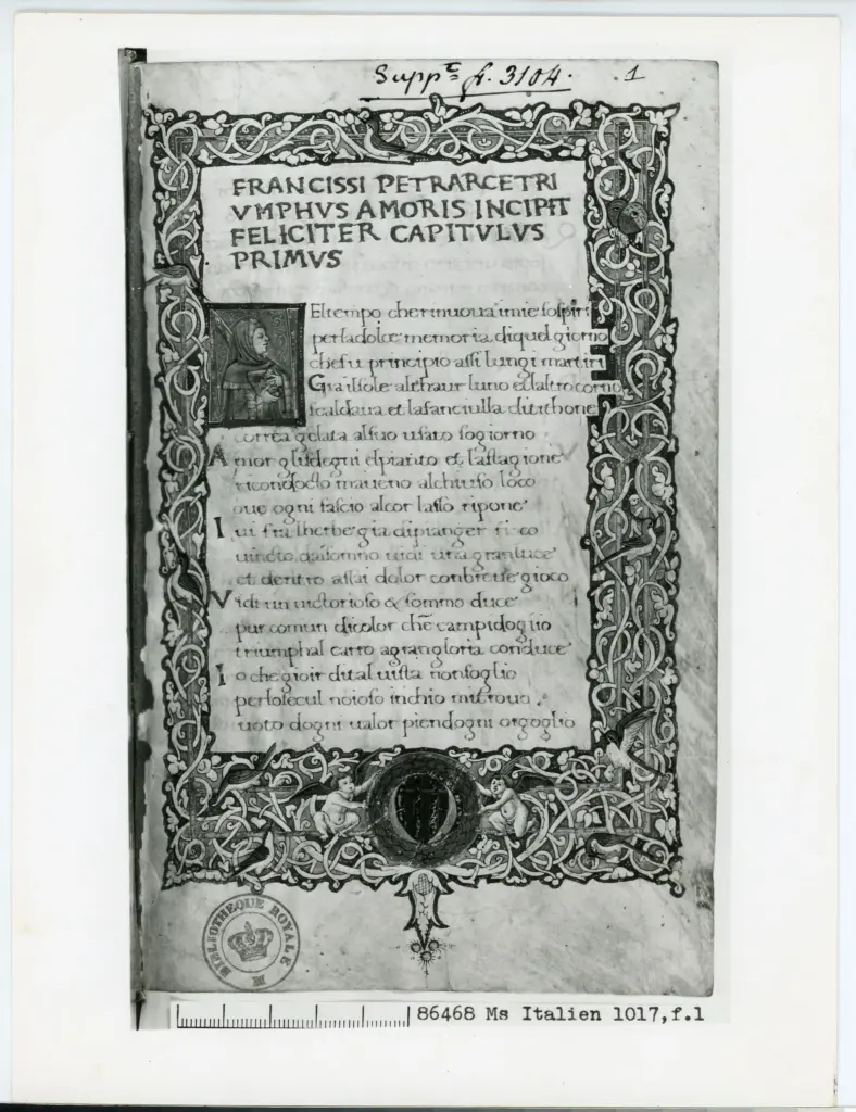 Anonimo sec. XV , Iniziale N, Iniziale abitata, Ritratto di Francesco Petrarca, Cornice con motivi decorativi fitomorfi e animali, Putti reggistemma, Stemma