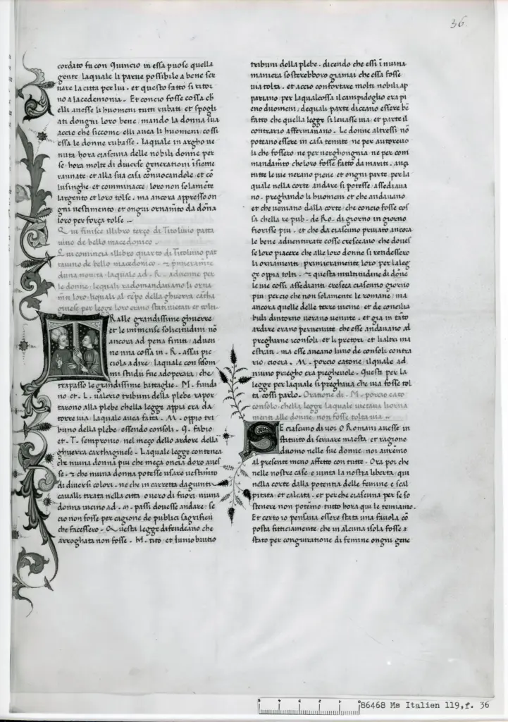 Anonimo sec. XV , Iniziale T, Iniziale abitata, Due figure femminili, Motivi decorativi fitomorfi