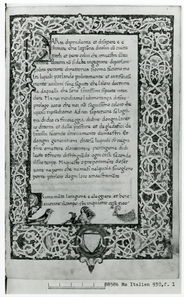 Bibliothèque nationale de France , Anonimo - sec. XV - Parigi, Bibliothèque nationale de France, ms. Italien 930, f. 1r , fronte