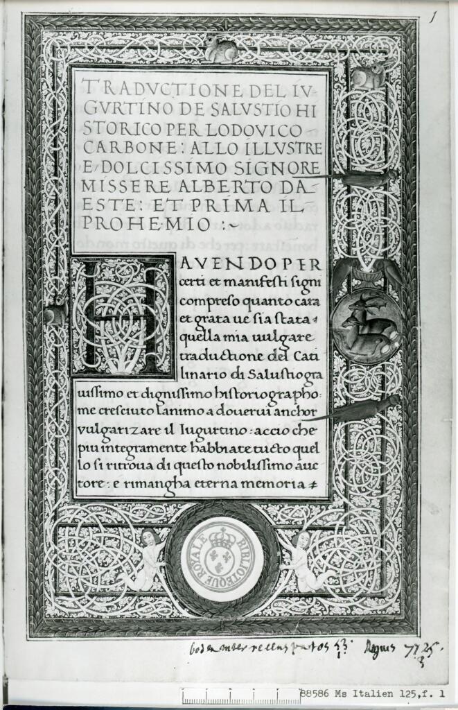 Bibliothèque nationale de France , Anonimo - sec. XV - Parigi, Bibliothèque nationale de France, ms. Italien 125, f. 1 , fronte