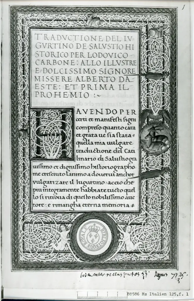 Biblioth&egrave;que nationale de France , Anonimo - sec. XV - Parigi, Biblioth&egrave;que nationale de France, ms. Italien 125, f. 1 , fronte