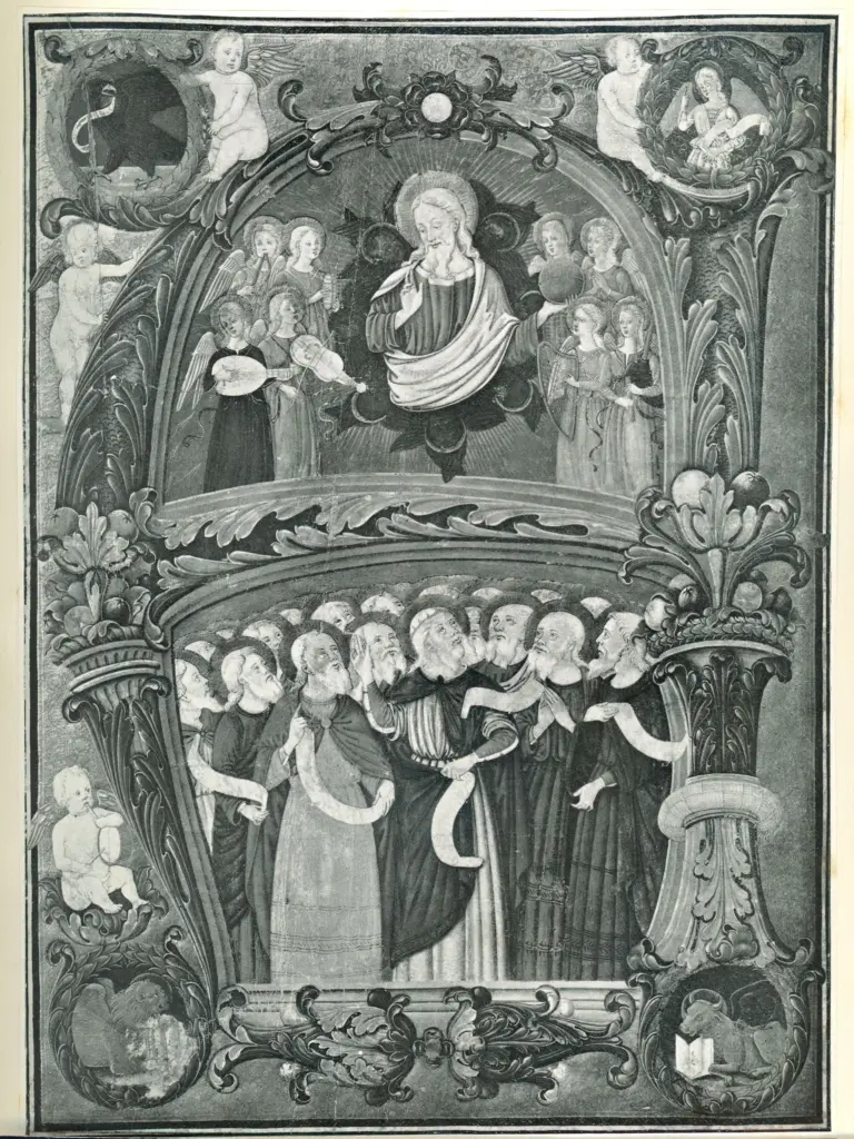 Attavanti Attavante , Iniziale A, Iniziale abitata, Ascensione, Simboli dei quattro evangelisti, Motivi decorativi vegetali con putti alati