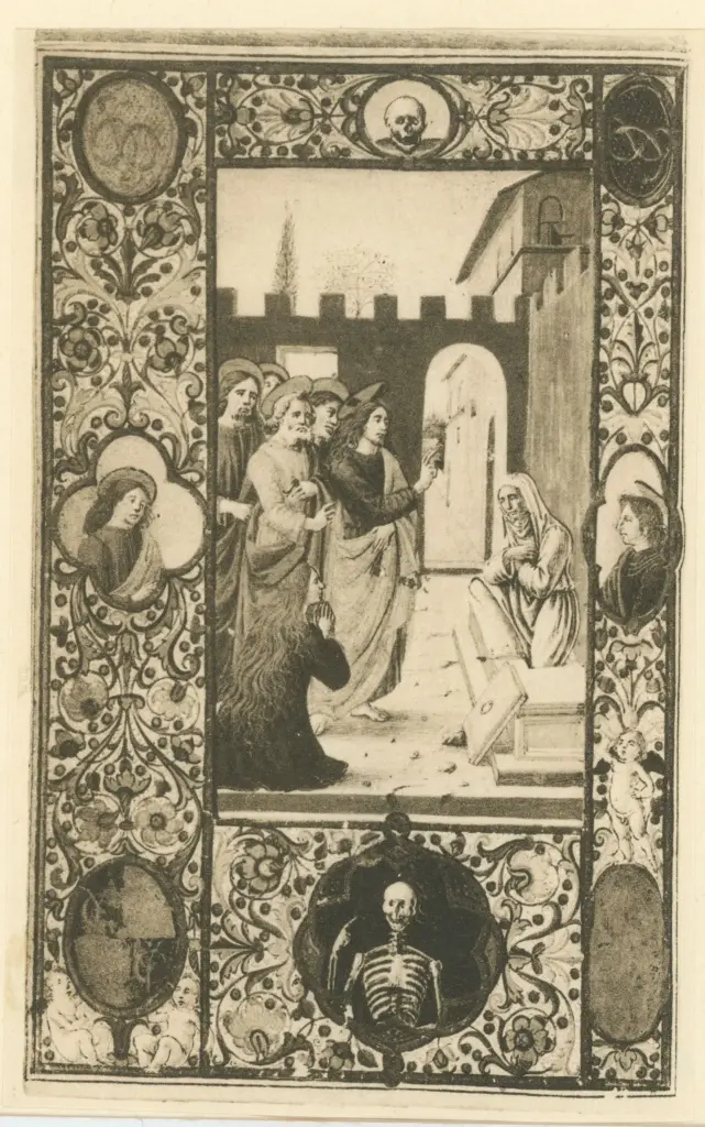 Attavanti Attavante, attr. , Resurrezione di Lazzaro, Cornice con motivi decorativi fitomorfi, Busti di santi, Putti