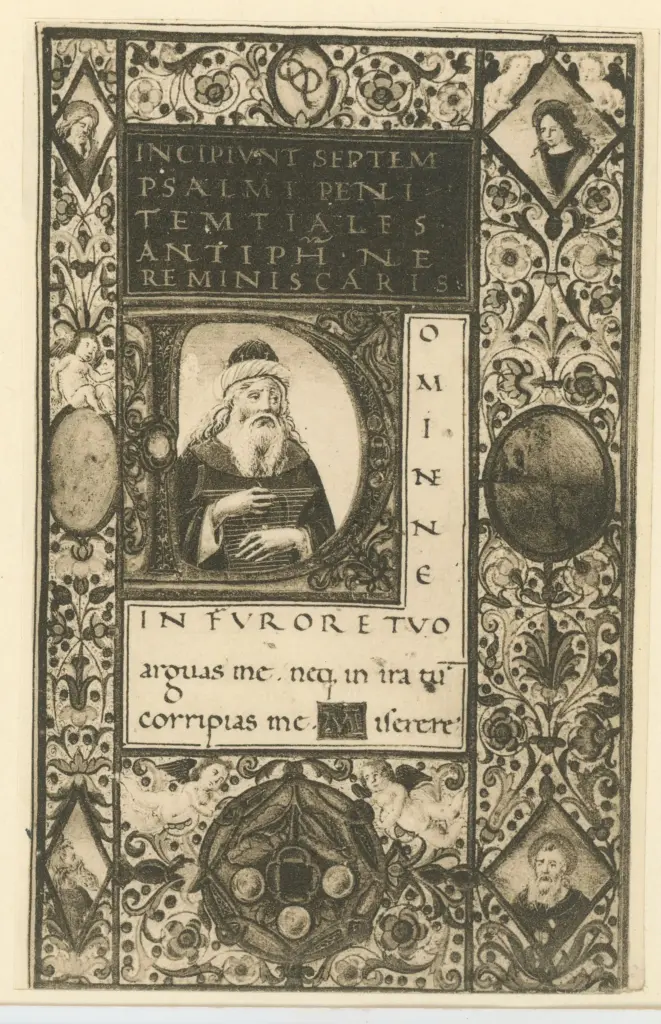 Attavanti Attavante, attr. , Iniziale D, Iniziale abitata, Re David, Cornice con motivi decorativi fitomorfi, Busti di santi, Putti, Stemmi