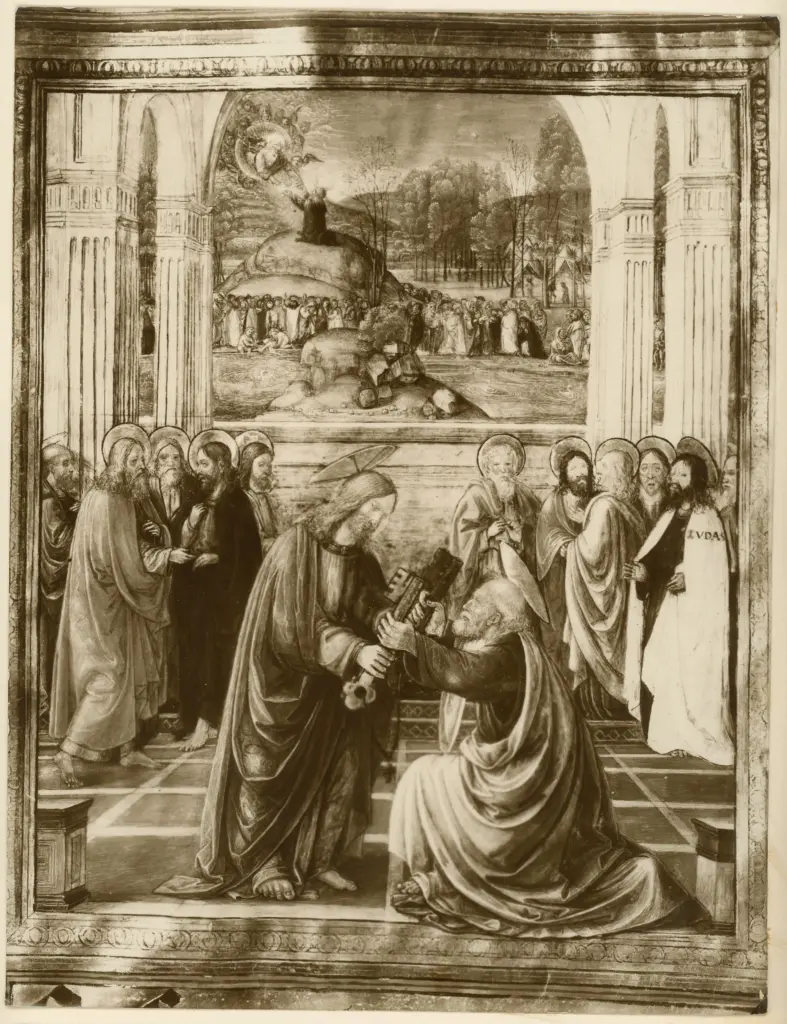 Monte di Giovanni del Fora ; Gherardo di Giovanni , Cristo consegna le chiavi a san Pietro, Cornice architettonica, Quattro evangelisti, Iniziale L