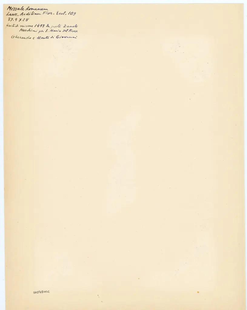 Anonimo , Gherardo di Giovanni, Monte di Giovanni del Fora, bottega - sec. XV, ultimo quarto - Firenze, Biblioteca Medicea Laurenziana, Edili 109 , retro