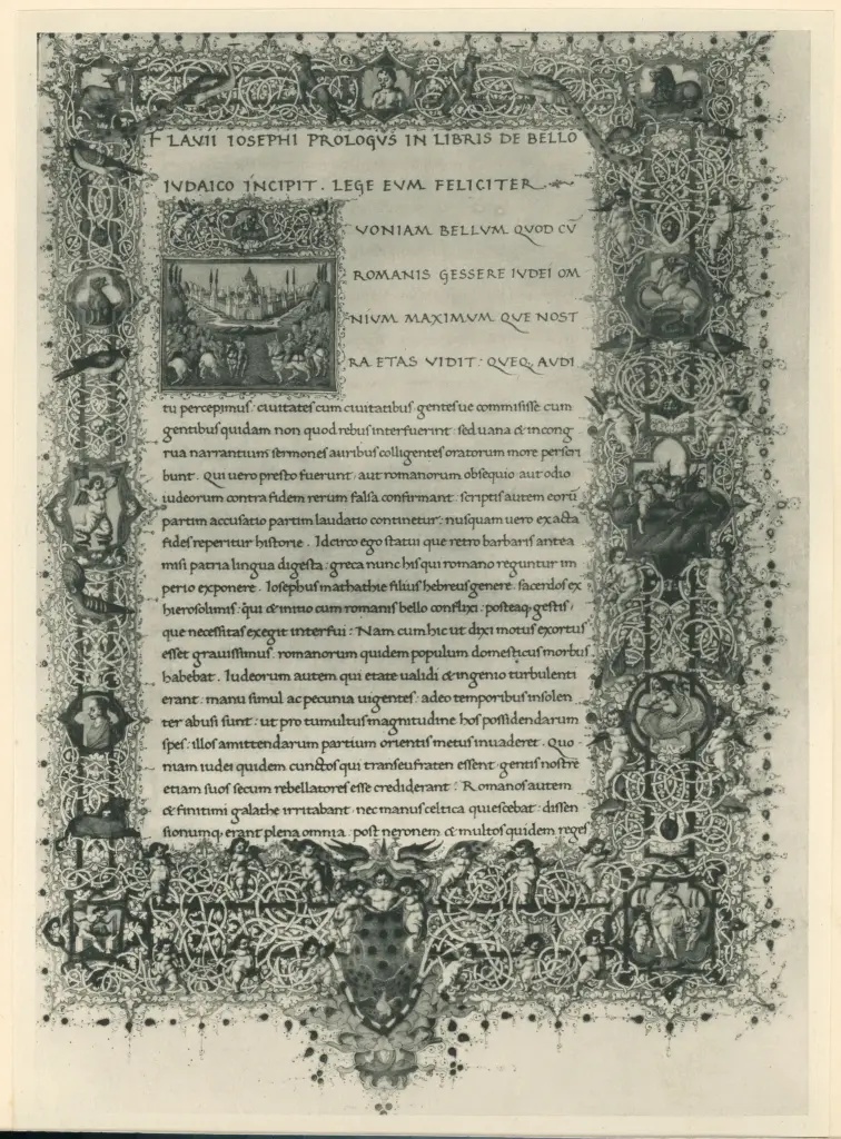 Gherardo di Giovanni, bottega ; Monte di Giovanni del Fora, bottega , Cavalieri, Veduta di citt&agrave;, Cornice con motivi decorativi fitomorfi e animali, Putti alati, Stemma mediceo
