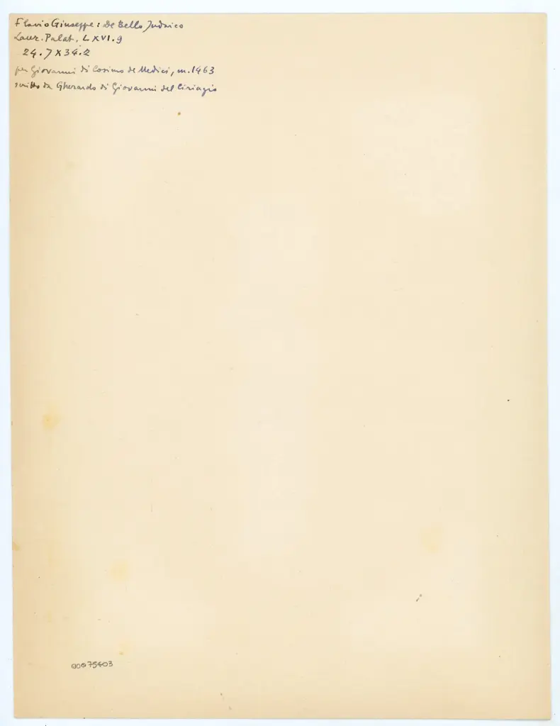Anonimo , Flavio Giuseppe: de Bello Judaico - Laur. Palat. [sic] LXVI.9 - per Giovanni di Cosimo de Medici, m. 1463 - scritto da Gherardo di Giovanni del Ciriagio , retro