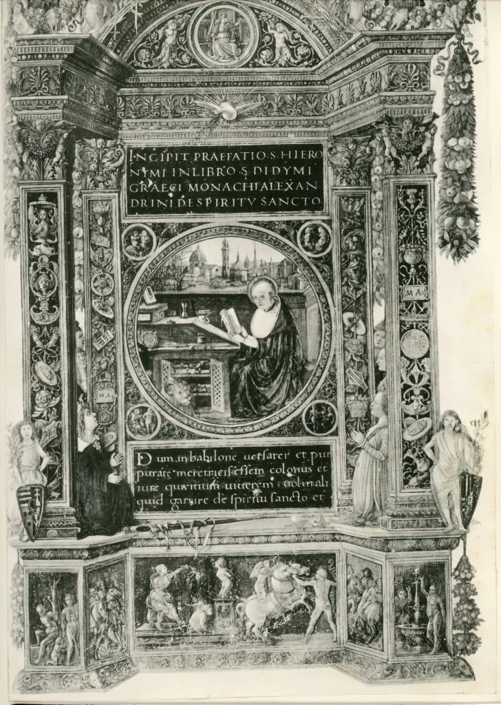 Gherardo di Giovanni, bottega ; Monte di Giovanni del Fora, bottega , Pagina incipitaria, San Girolamo nello studio, Veduta di Firenze, Cornice architettonica con motivi decorativi e figure, Personificazione della Giustizia