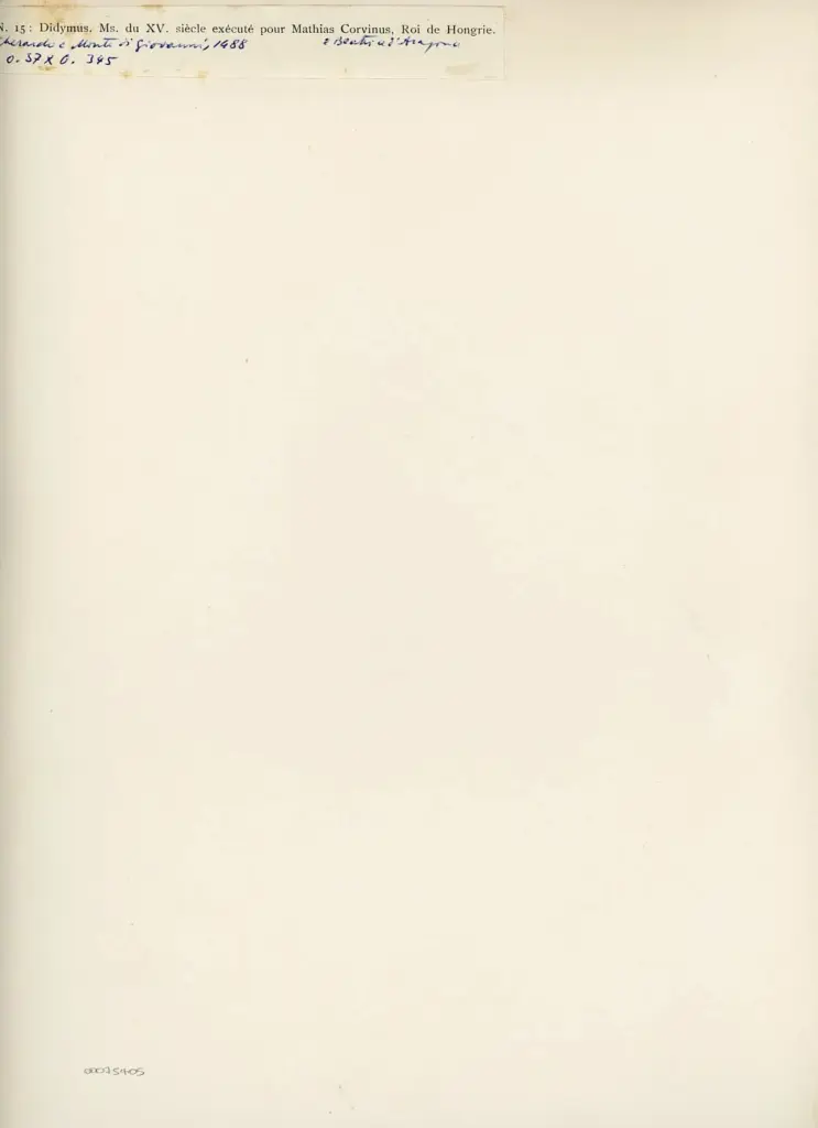 Anonimo , Didymus. ms. du XV. si&egrave;cle ex&eacute;cut&eacute; pour Mathias Corvinus, Roi de Hongrie. , retro