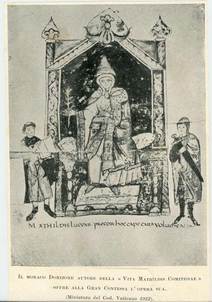 Anonimo , Il monaco Donizone autore della «Vita Mathildis Comitissae» offre alla Gran Contessa l'opera sua. (Miniatura del Cod. Vaticano 4922). , fronte