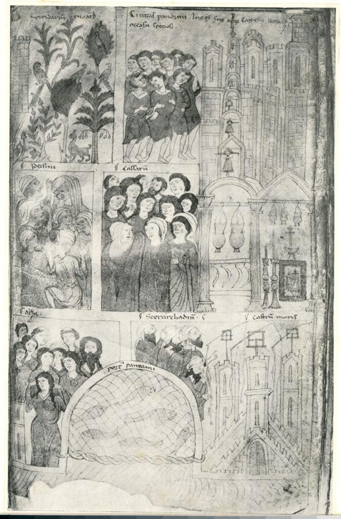 Anonimo , Lutto nei quartieri di Palermo per la morte di Guglielmo II il Buono. Miniatura del sec. XIII. (Berna, Biblioteca) , fronte