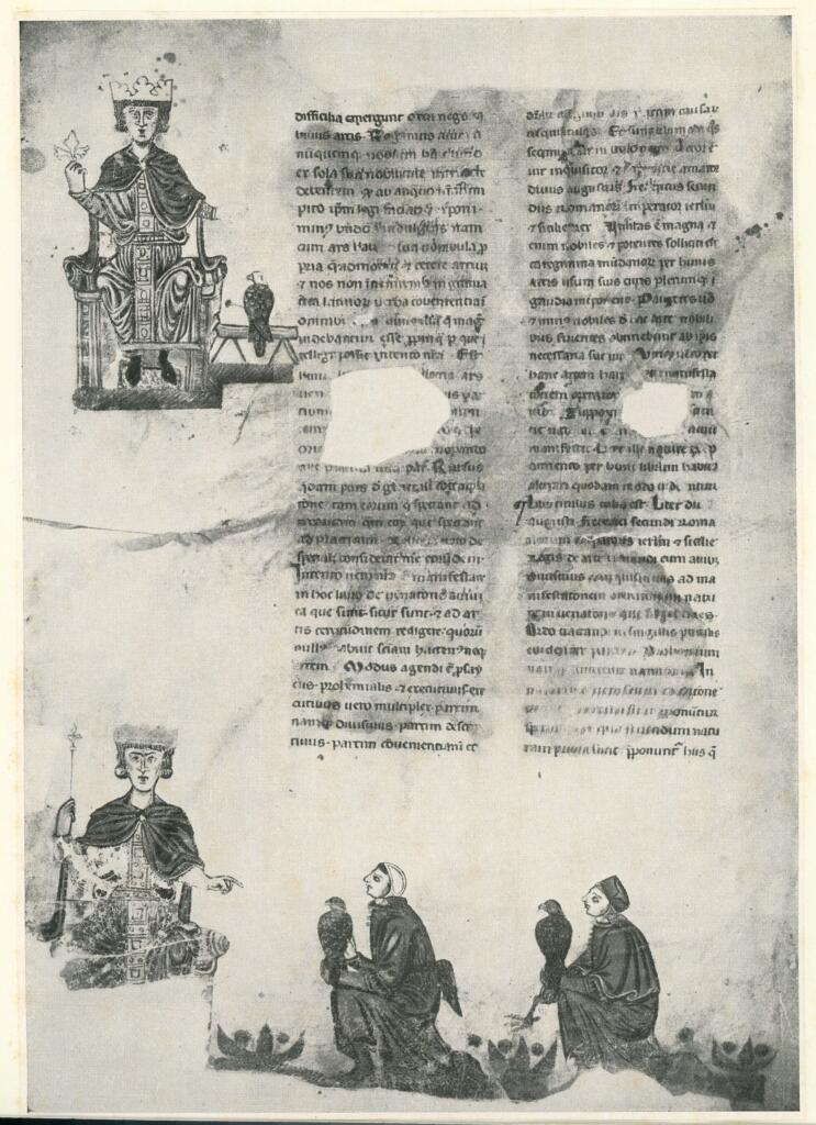 Anonimo , La carta 1b del Codice Palatino Latino 1071 della Biblioteca Vaticana, sul quale è trascritto il trattato di Federico II: De arte venendi cum avibus. In margine due ritratti miniati dell'Imperatore. , fronte