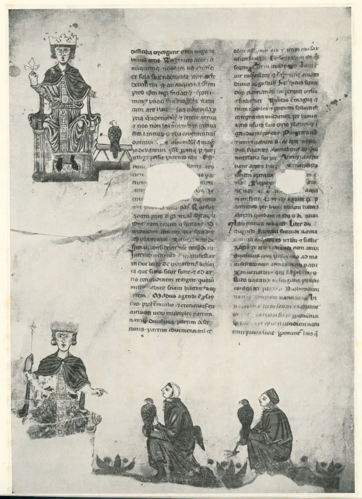 Anonimo , La carta 1b del Codice Palatino Latino 1071 della Biblioteca Vaticana, sul quale &egrave; trascritto il trattato di Federico II: De arte venendi cum avibus. In margine due ritratti miniati dell'Imperatore. , fronte