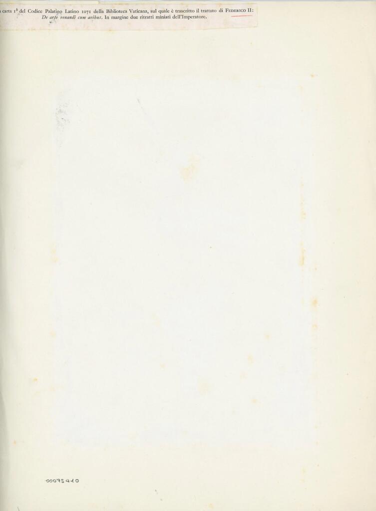 Anonimo , La carta 1b del Codice Palatino Latino 1071 della Biblioteca Vaticana, sul quale è trascritto il trattato di Federico II: De arte venendi cum avibus. In margine due ritratti miniati dell'Imperatore. , retro