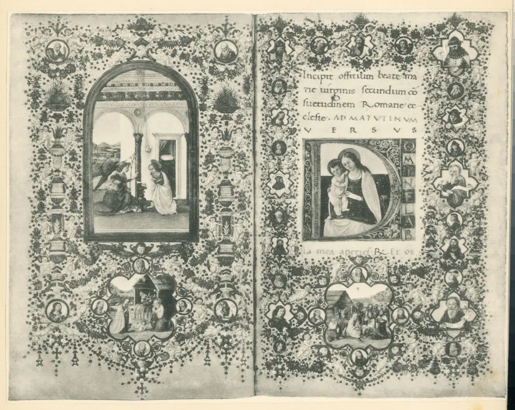 Rosselli Francesco , Annunciazione, Iniziale D, Iniziale abitata, Madonna con Bambino, Episodi dell'infanzia di Cristo, Cornice con motivi decorativi fitomorfi