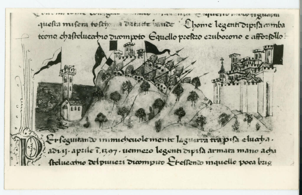 Anonimo , Archivio di Stato in Lucca - Bibl. Ms n° 107 c. 165r. Sercambi G. Cronaca - Castelvecchio di Compito , fronte