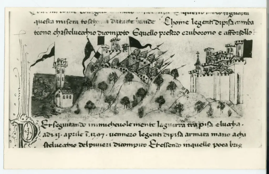 Anonimo sec. XV , Assalto di Castelvecchio di Compito da parte dei Pisani, Iniziale P, Iniziale decorata