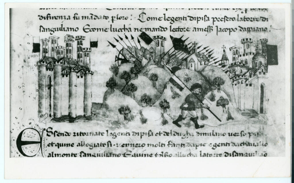 Anonimo , Archivio di Stato in Lucca - Bibl. Ms n° 107 c. 163r. Sercambi G. Cronaca - S. Giuliano.