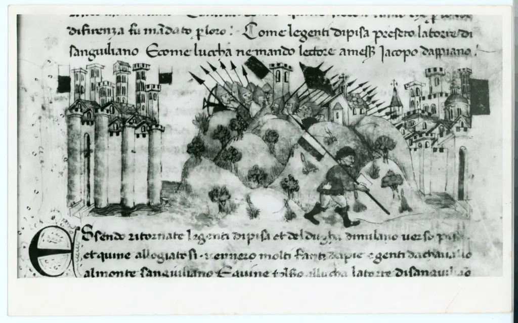 Anonimo sec. XV , Scena di assedio, Iniziale E, Iniziale decorata