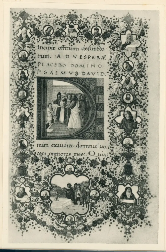 Rosselli Francesco , Iniziale D, Iniziale istoriata, Resurrezione di Lazzaro, Cornice con motivi decorativi fitomorfi, Putti alati