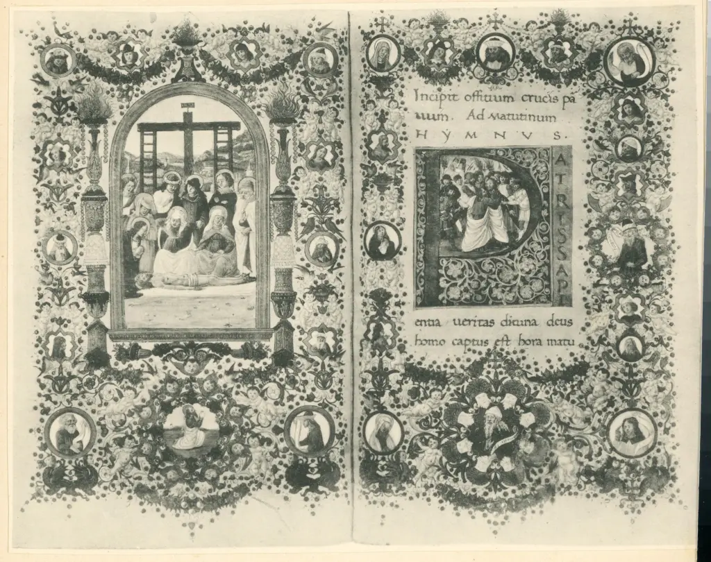 Rosselli Francesco , Deposizione di Cristo dalla croce, Iniziale P, Iniziale istoriata, Bacio di Giuda, Cornice con motivi decorativi fitomorfi