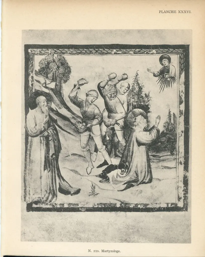 Maestro del Martirologio dei Battuti Neri di Ferrara , Lapidazione di santo Stefano