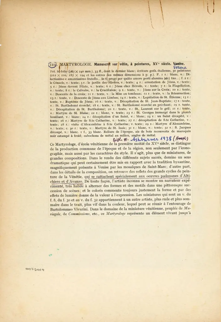 Anonimo , Maestro del Martirologio dei Battuti Neri di Ferrara - sec. XV - Venezia, Fondazione Giorgio Cini, ms. 2501/2, f. 3r , retro