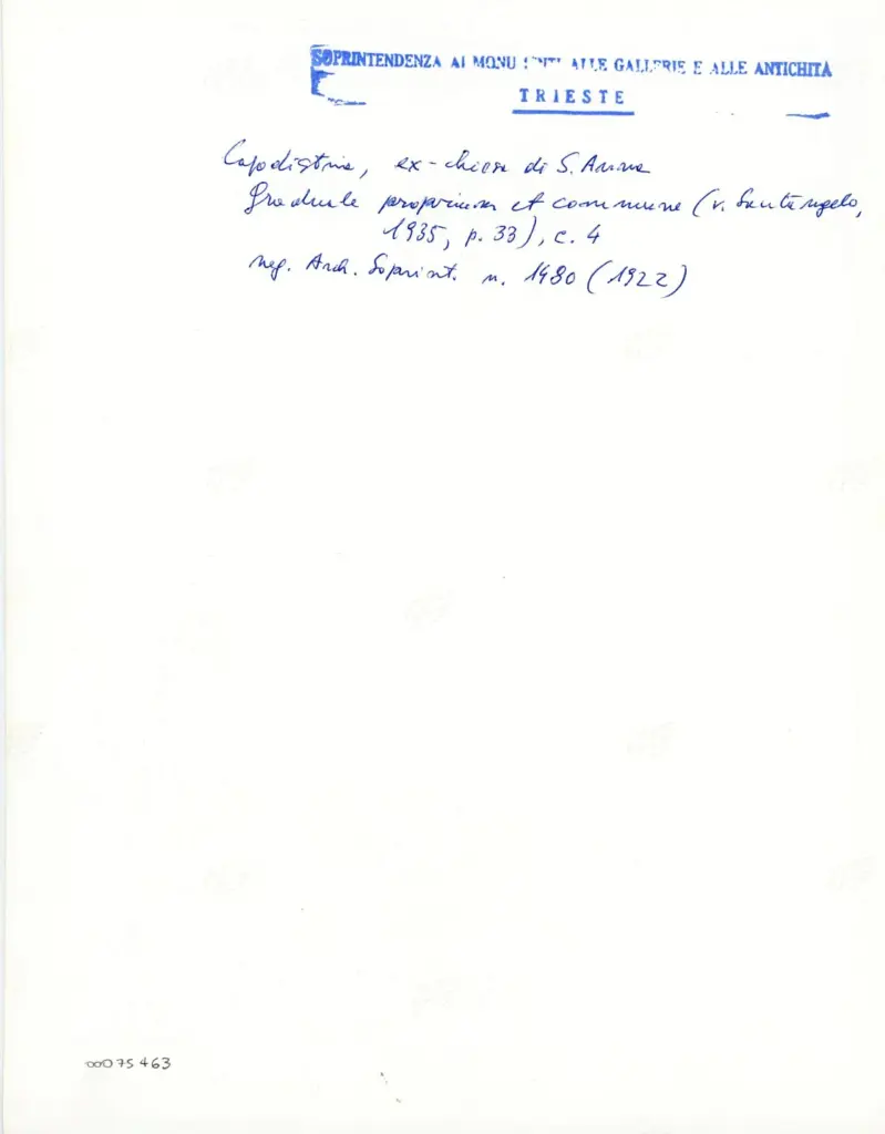 Soprintendenza ai Monumenti, alle Gallerie e alle Antichit&agrave; di Trieste , Capodistria, ex-chiesa di S. Anna - Graduale proprium et commune, c. 4 , retro