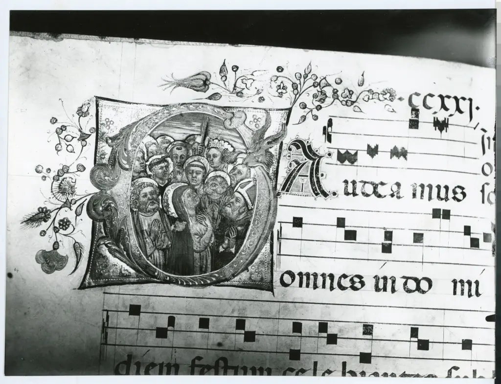 Anonimo veneto-emiliano sec. XV , Iniziale G, Iniziale abitata, Ognissanti, Motivi decorativi fitomorfi