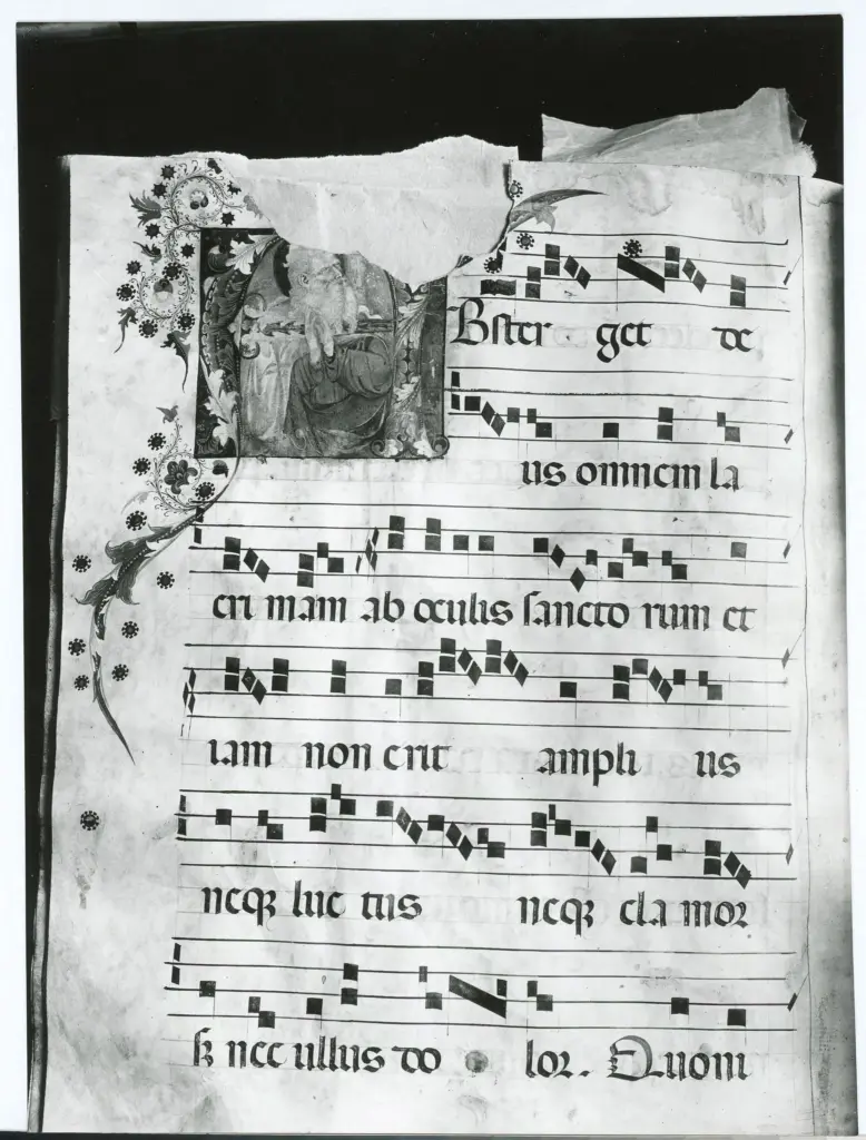 Anonimo veneto-emiliano sec. XV , Iniziale A, Iniziale abitata, Santo orante, Motivi decorativi fitomorfi