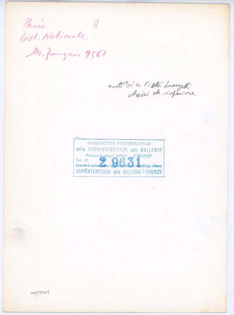 Gabinetto Fotografico della Soprintendenza Speciale per il Patrimonio Storico, Artistico ed Etnoantropologico e per il Polo Museale della città di Firenze , Paris, Bibl. Nationale Ms. français 9561 , retro