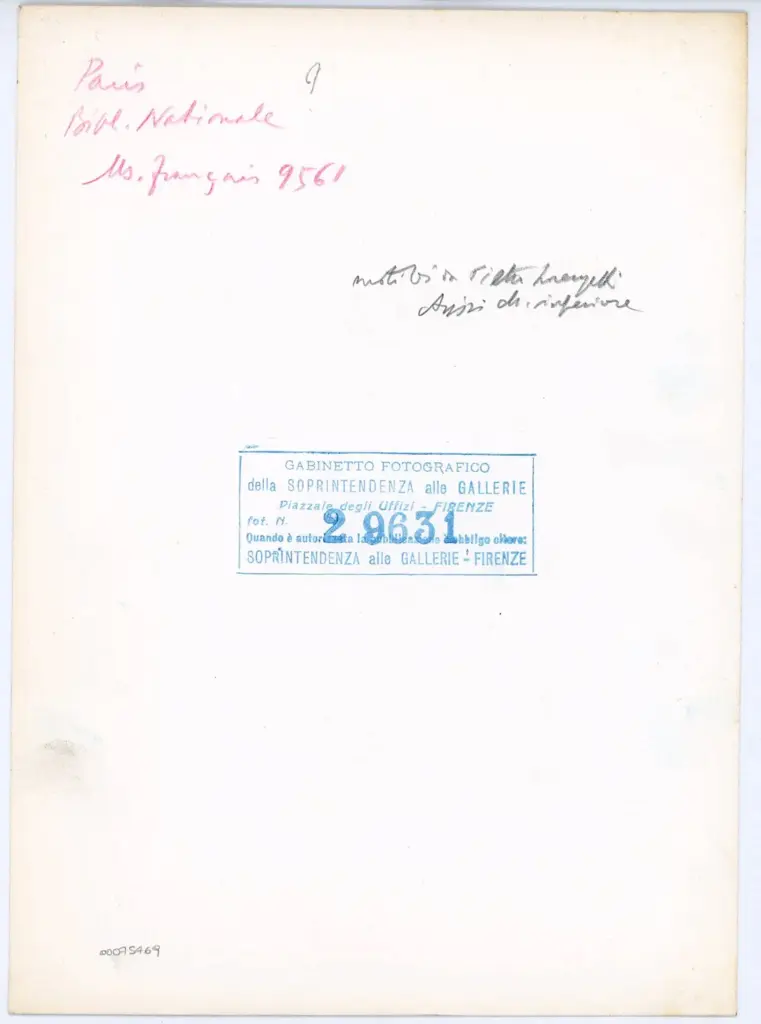 Gabinetto Fotografico della Soprintendenza Speciale per il Patrimonio Storico, Artistico ed Etnoantropologico e per il Polo Museale della citt&agrave; di Firenze , Paris, Bibl. Nationale Ms. fran&ccedil;ais 9561 , retro