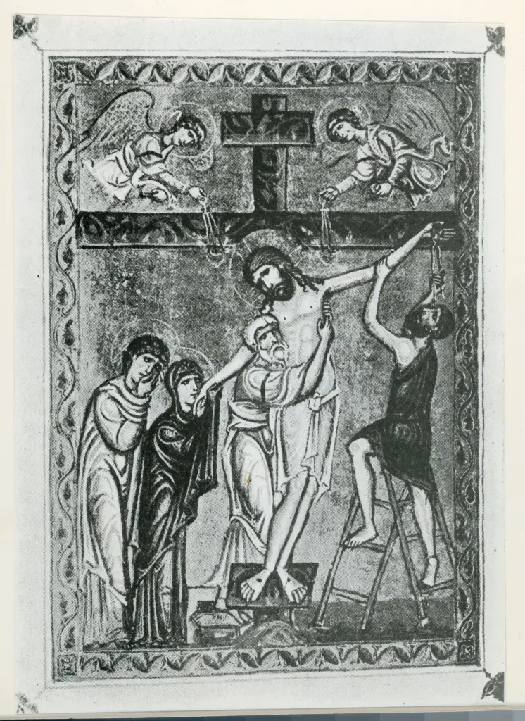 Anonimo sec. XII , Deposizione di Cristo dalla croce, Cornice con motivi decorativi fitomorfi