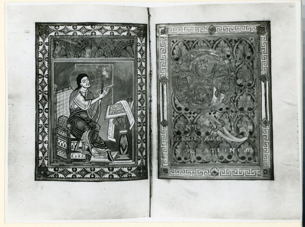 Anonimo tedesco sec. XII , San Luca Evangelista, Iniziale Q, Iniziale decorata, Cornice con motivi decorativi fitomorfi e geometrici