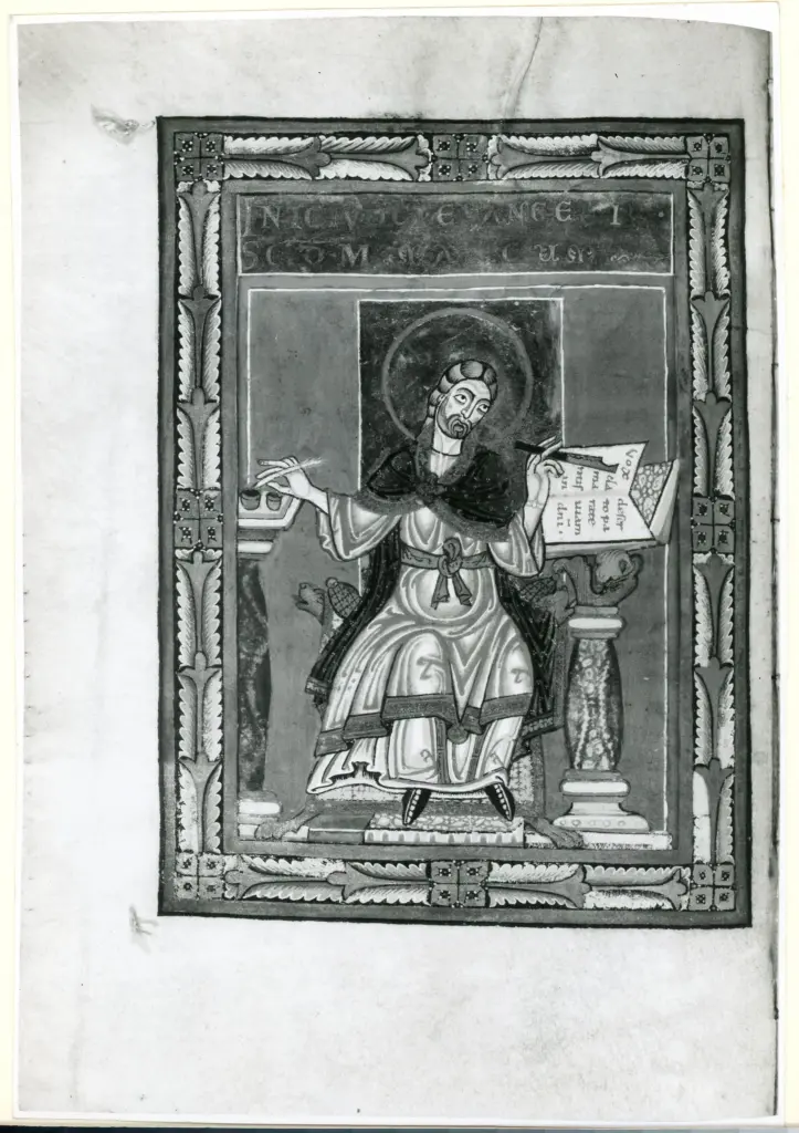 Anonimo tedesco sec. XII , San Marco Evangelista, Cornice con motivi decorativi fitomorfi e geometrici