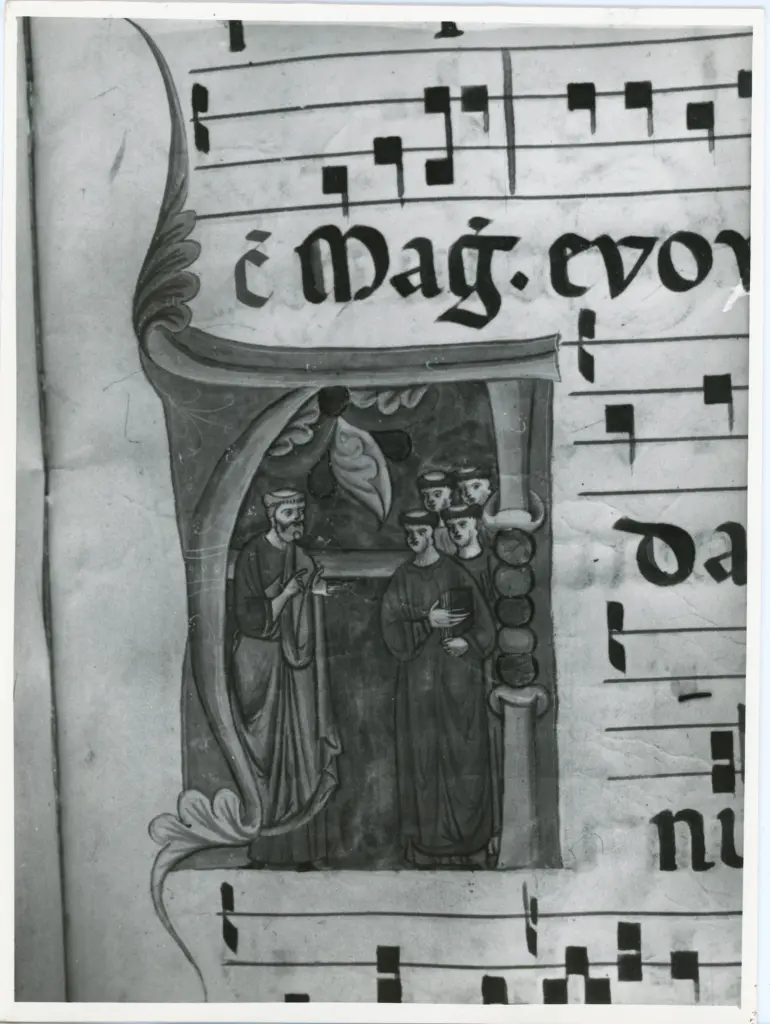 Anonimo sec. XIII , Iniziale A, Iniziale istoriata, Scena, Monaci, Motivi decorativi fitomorfi, Notazione musicale